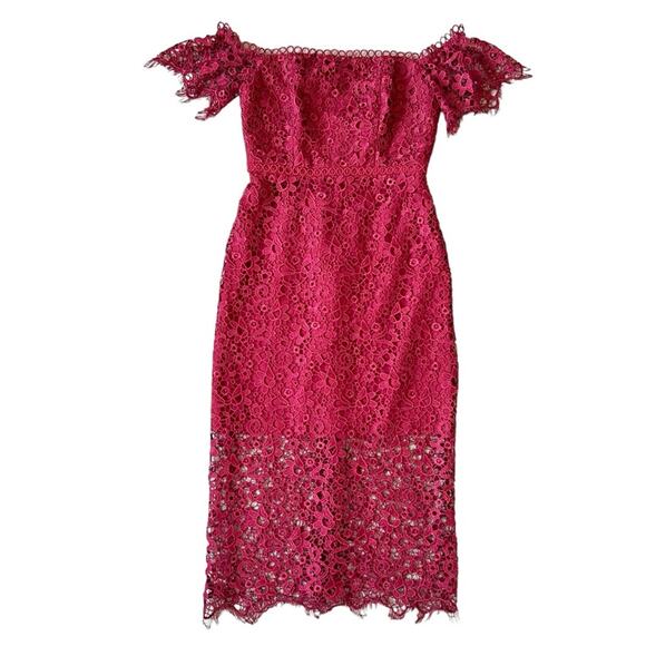 ML Monique Lhuillier Womens Red Raspberry Off The Shoulder Lace Overlay Dress 0P - Picture 12 of 13